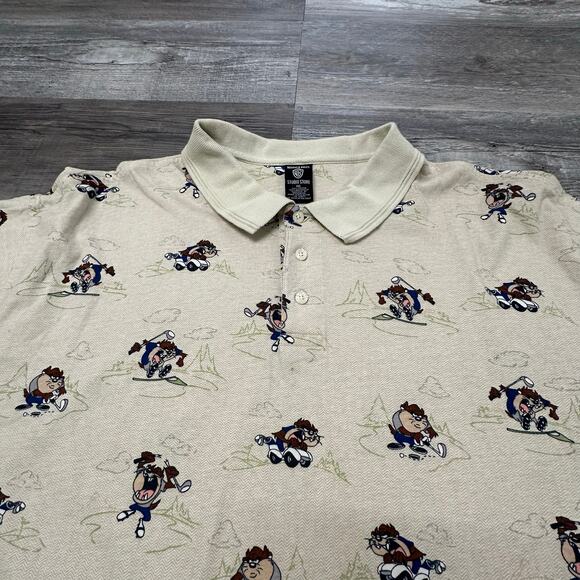 Vintage 90s 1997 WB Warner Bros Cream Mens 2XL AOP Taz‎ Tasmanian Devil Polo - Picture 2 of 8